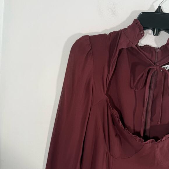 NWT Reformation Vivianne Maroon Sweetheart Tie Neck Long Sleeve Mini Dress 8 - Picture 10 of 15